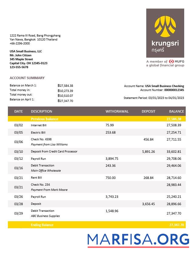 Realistic Krungsri Bank of Ayudha business statement Word and PDF template